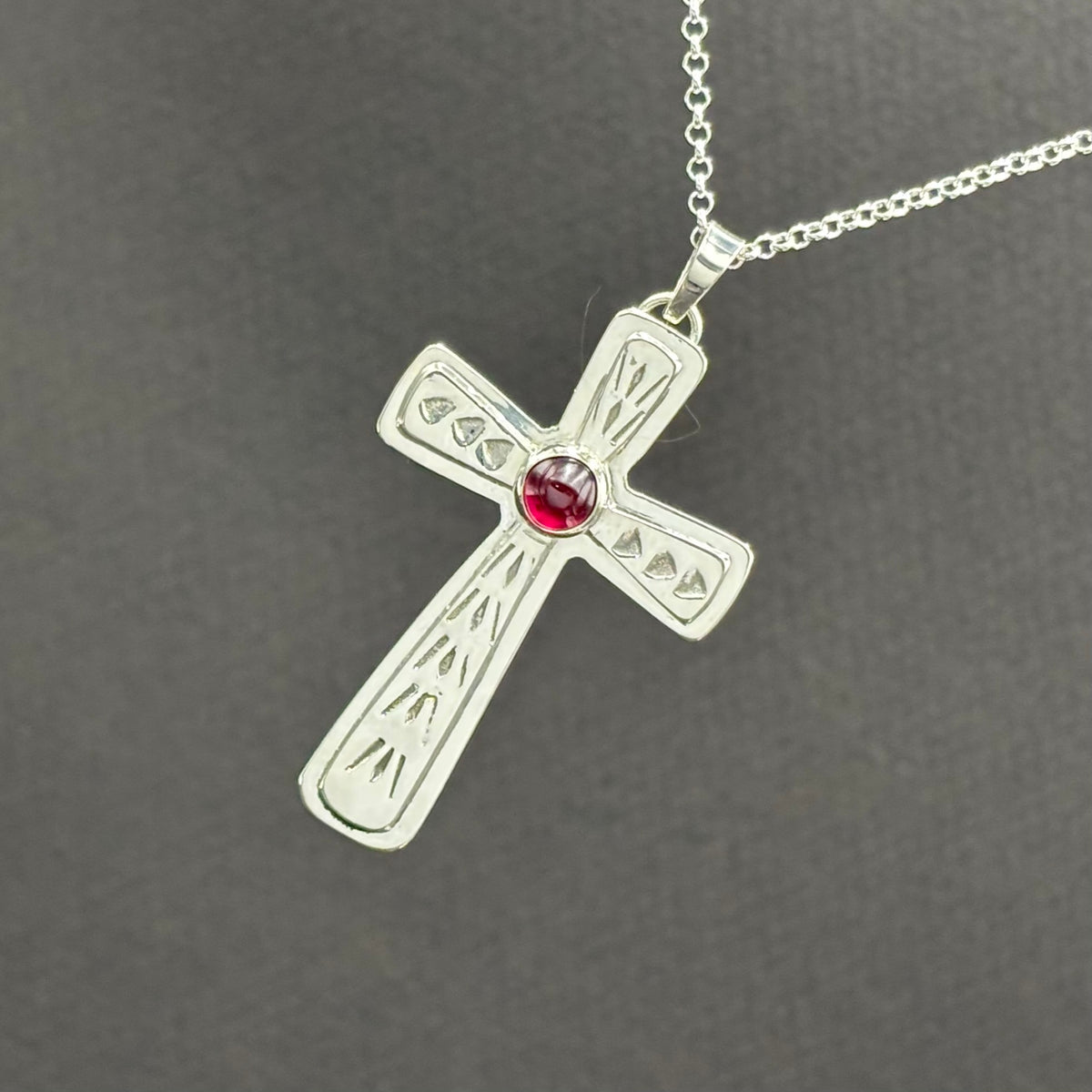 Cross- sterling silver and garnet cross pendant