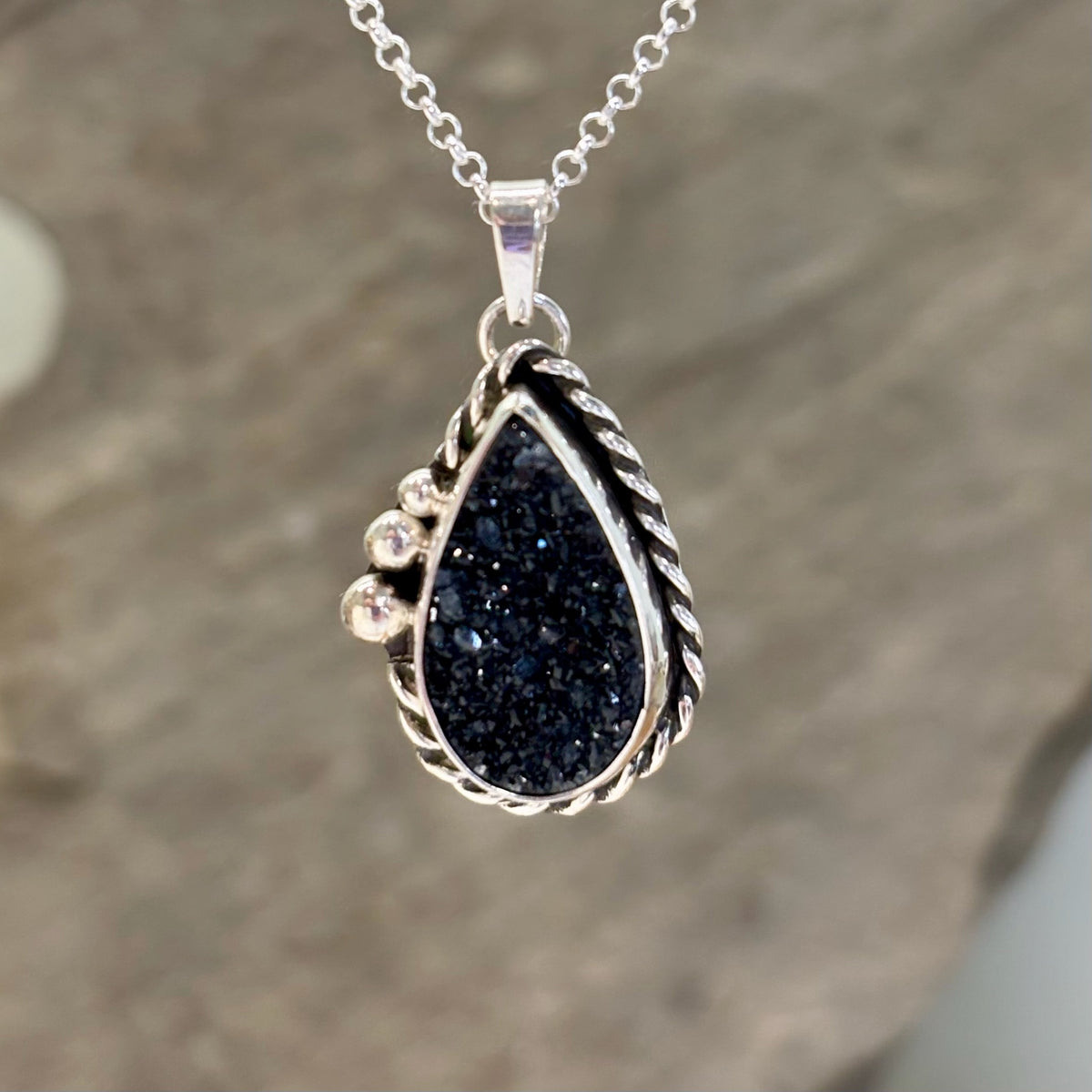 Bette- Sterling Silver Black Druzy Necklace