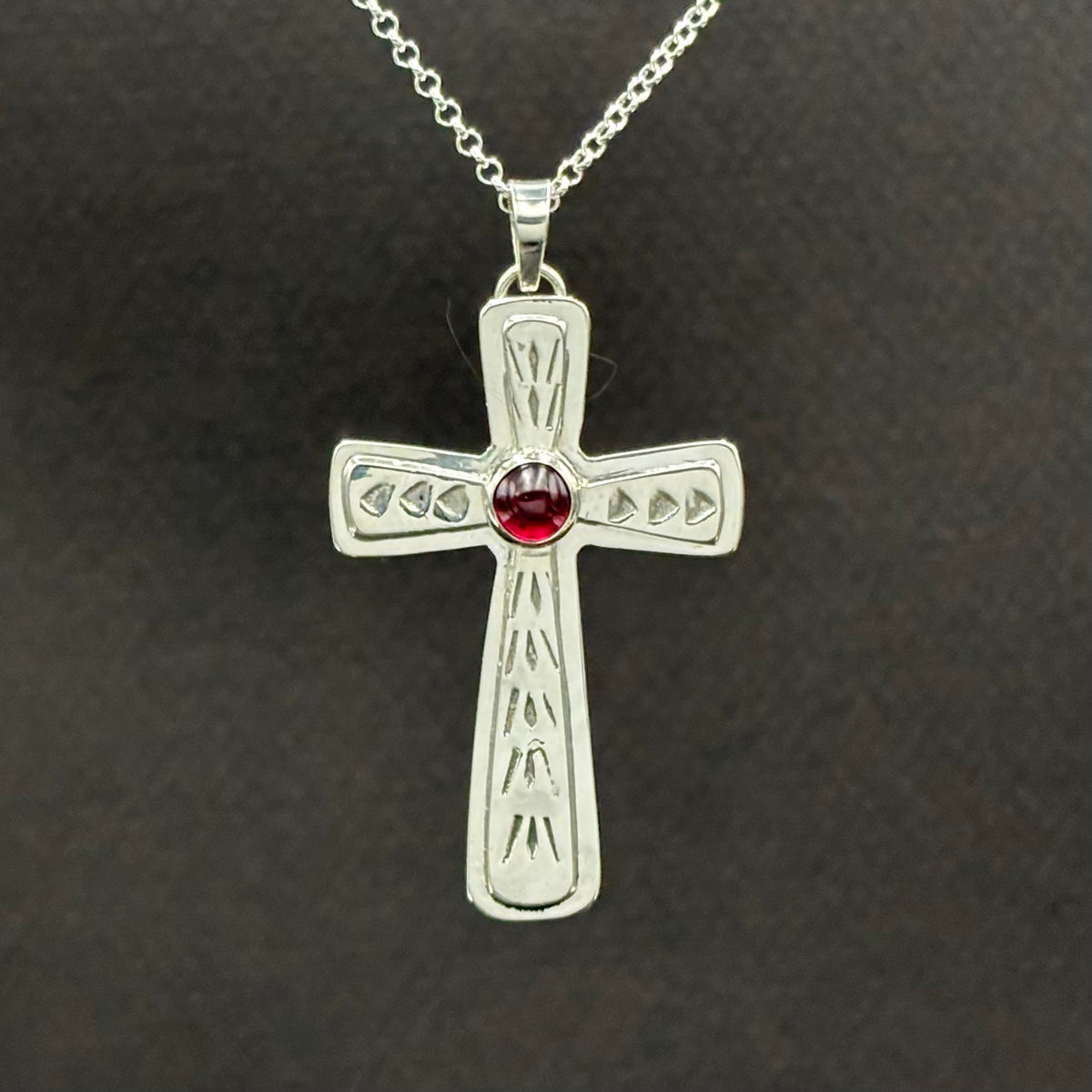 Cross- sterling silver and garnet cross pendant