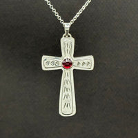 Cross- sterling silver and garnet cross pendant