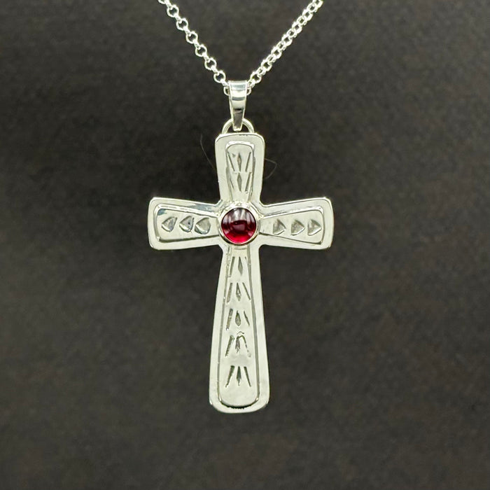 Cross- sterling silver and garnet cross pendant