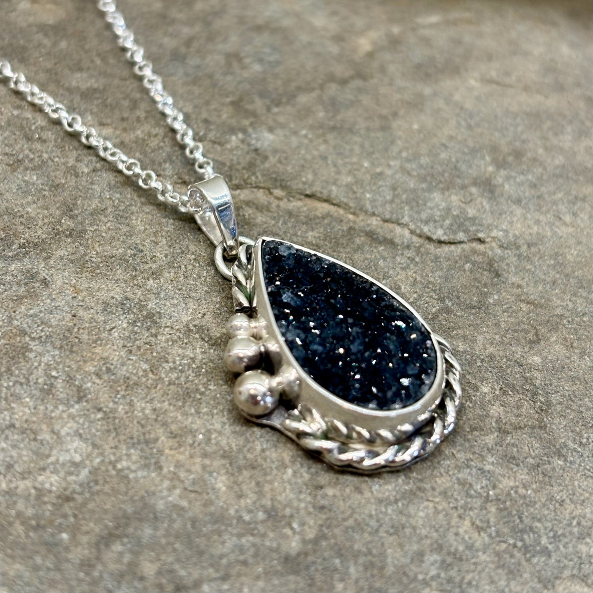 Bette- Sterling Silver Black Druzy Necklace