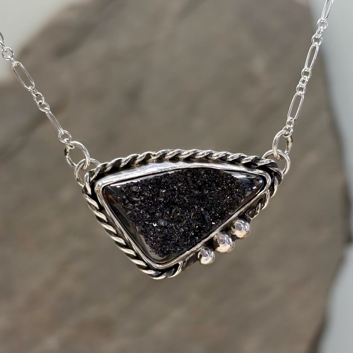 Minx- Sterling Silver Black Druzy Necklace